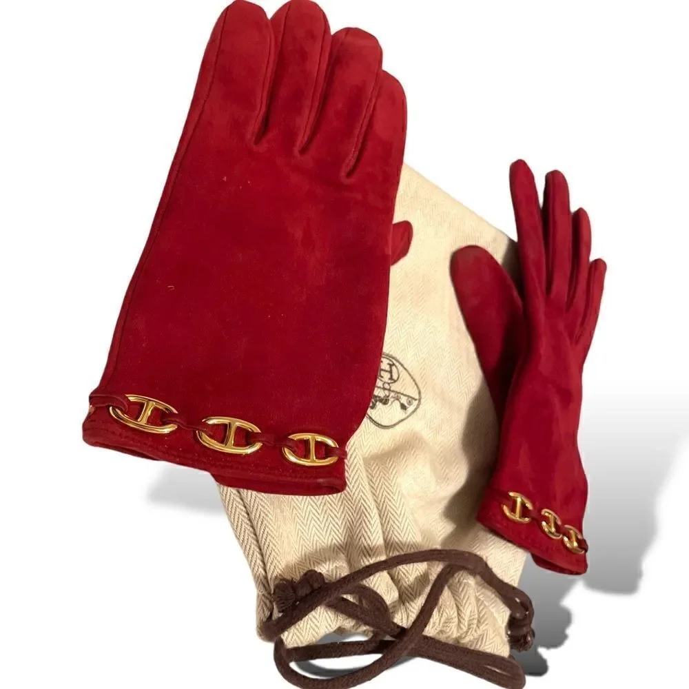 HERMÈS Link Vintage Dark Red Suede Gloves |Size: 7|